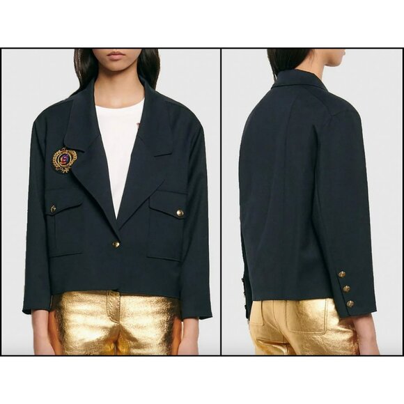 $520 Sandro Blue Cropped Patch Blazer Wool Jacket size 10/FR 42 - Picture 1 of 11